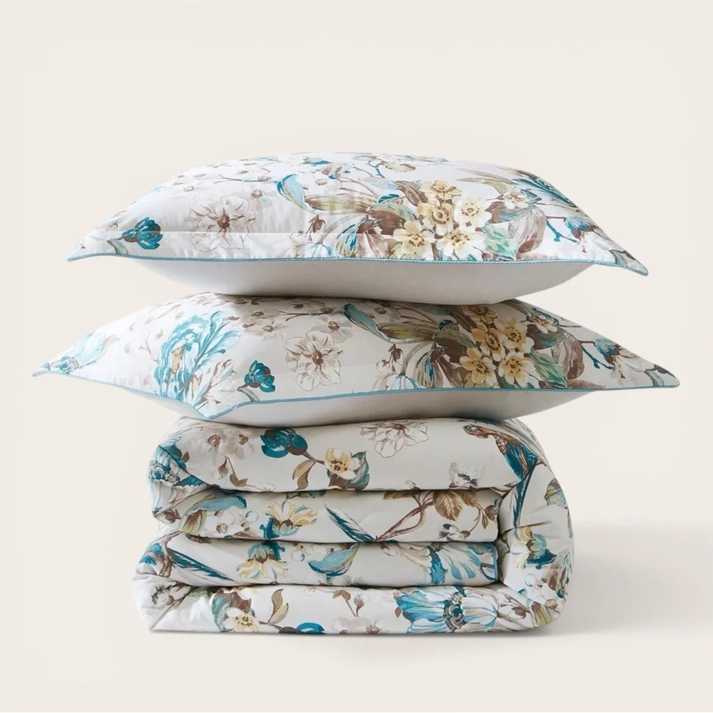 NEW Anthro White Blue Floral Bird Cotton Boho Queen King Bedding Duvet Sham Set - Picture 4 of 14